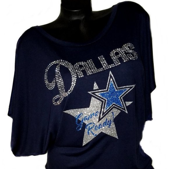 Dallas Game Ready Navy Flowy Hi/Lo Top with Shiny Lettering and Crystals. - Picture 1 of 5